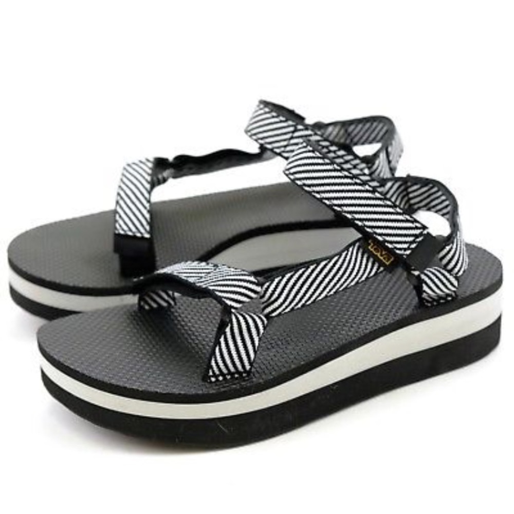 Platform Tevas black and white striped